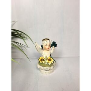 Vintage March Birthday Angel Figurine, St Patrick's Day Spaghetti Trim Shamrock